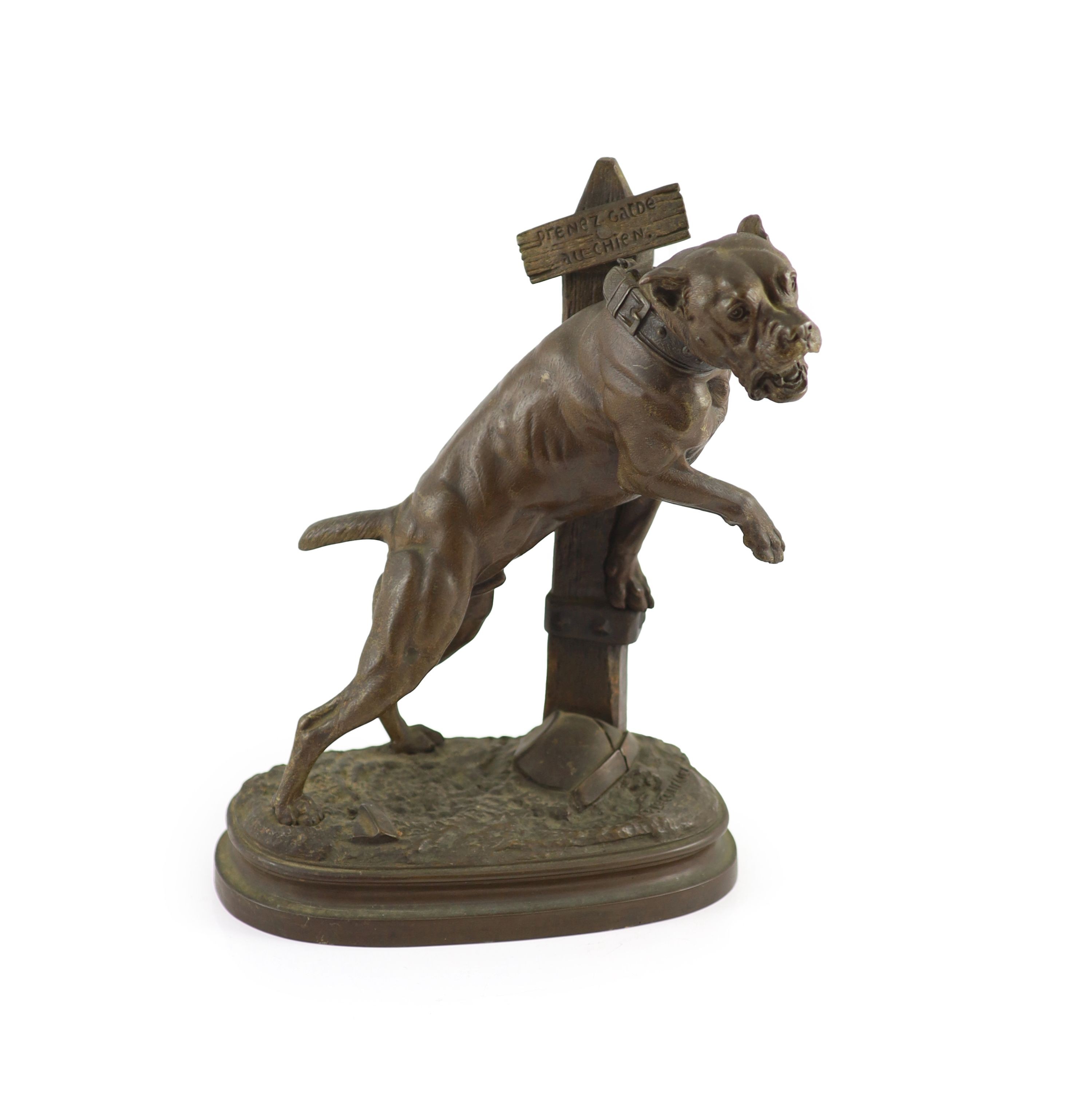 Prosper Lecourtier (1855-1924). A French bronze model of a bull mastiff ‘Prenez Garde au Chien’, H 33cm. W 26cm.